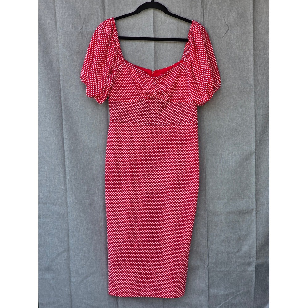 Betsey Johnson Red Polka Dot Puff Sleeve Midi Sheath Dress 4R096 Size 8